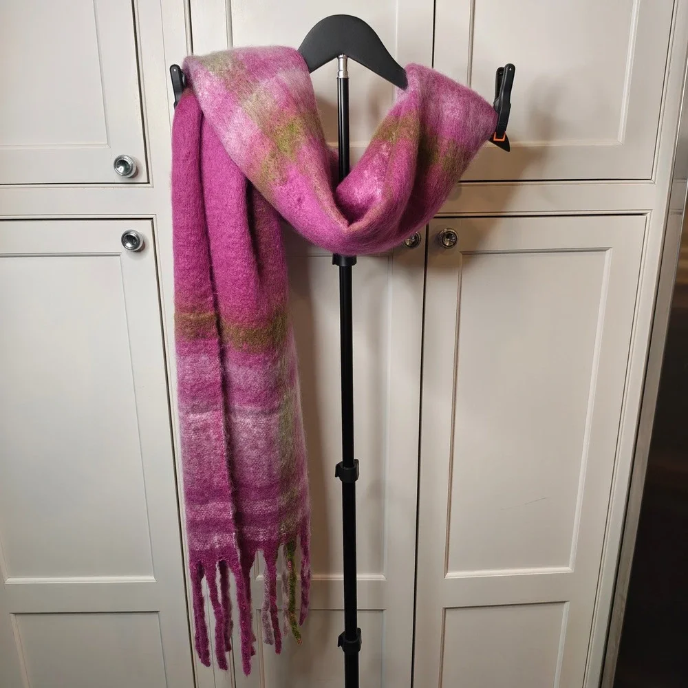 Save the Ocean Pink Plaid Recycled Scarf Oversized Fringe HX-S02 Nordstrom NEW